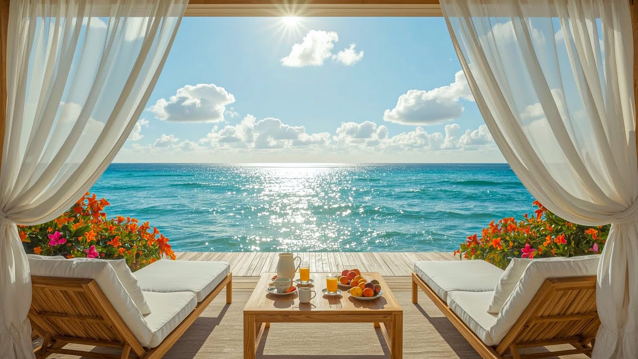 Relaxing Oceanfront Coffee ☕ Morning Jazz Bossa Nova Piano Ambience for Calm Happiness