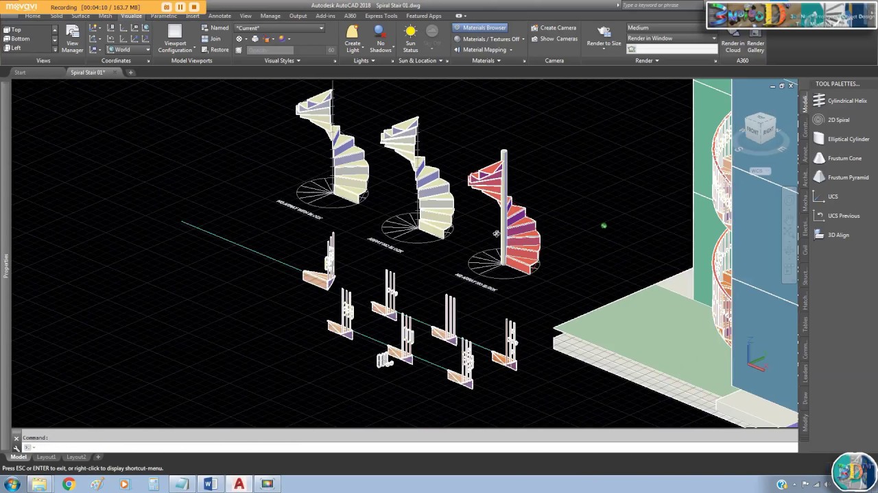 AutoCAD 2018 3D Dynamic Intelligent Spiral Stair using Static/Multi ...