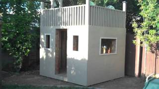 Our clubhouse with an upstairs balcony After three weeks or so of building in my spare time, here is the clubhouse. My kids love it and the neighborhood kids do too. I