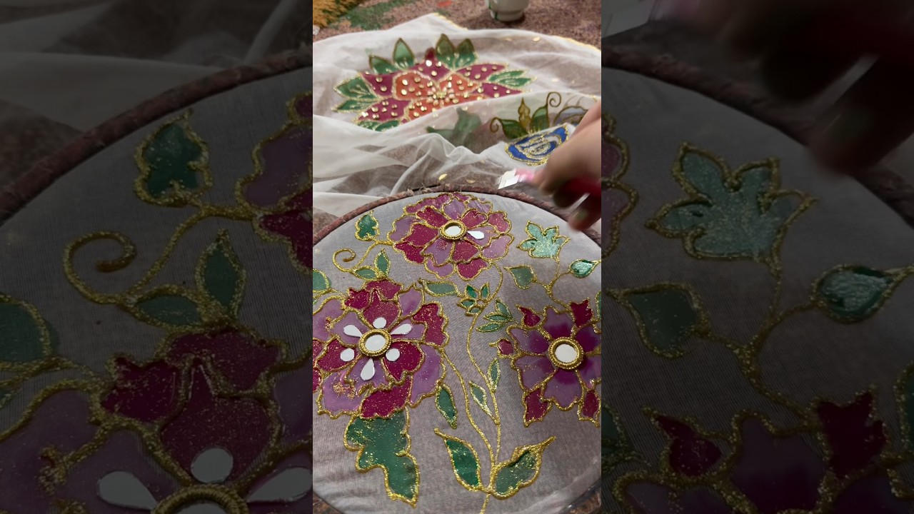 Красивая дупатта из органзы, расписанная вручную, с зеркальной отделкой