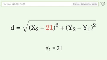 Find the distance between two points p1 (21,39) and p2 (17,45): Step-by-Step Video Solution