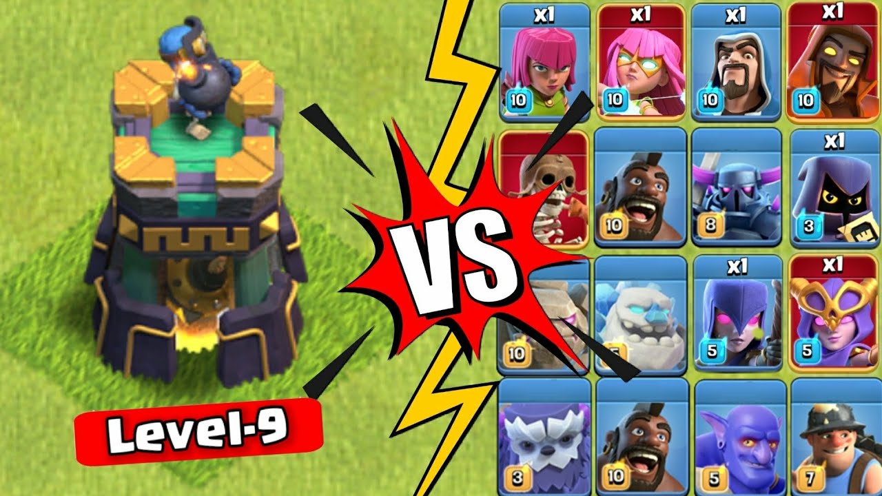 *New* level 9 Bomb Tower vs All troops - Clash of Clans