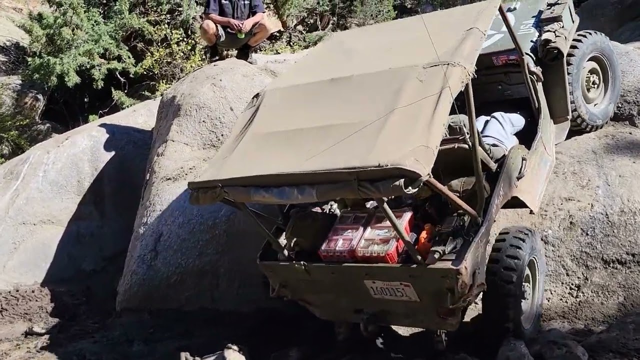 Three Vintage Flat Fender Jeeps run Chinaman Gulch