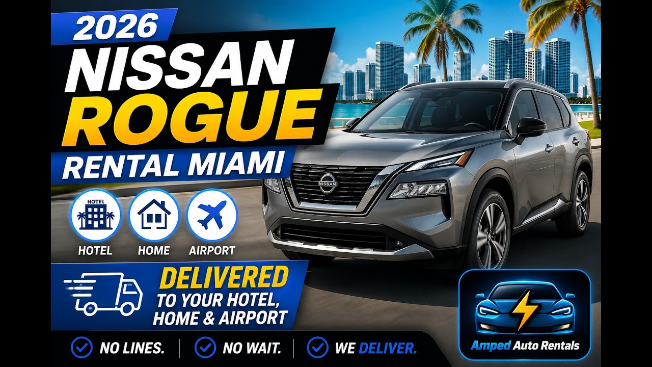 2026 Nissan Rogue SV compact SUV rental Miami — walkaround and features, 201 HP VC-Turbo, 32 MPG, 5 seats, 74.1 cu ft cargo