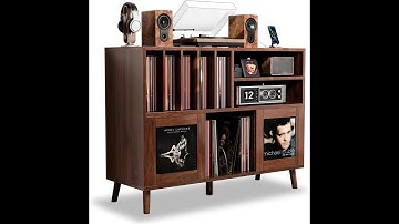 XL Record Player Stand with Sliding Doors, 500+ Vinyl Record Storage Cabinet with Charging