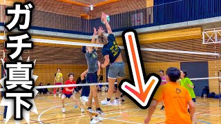 (Volleyball match) He really attacks straight down.