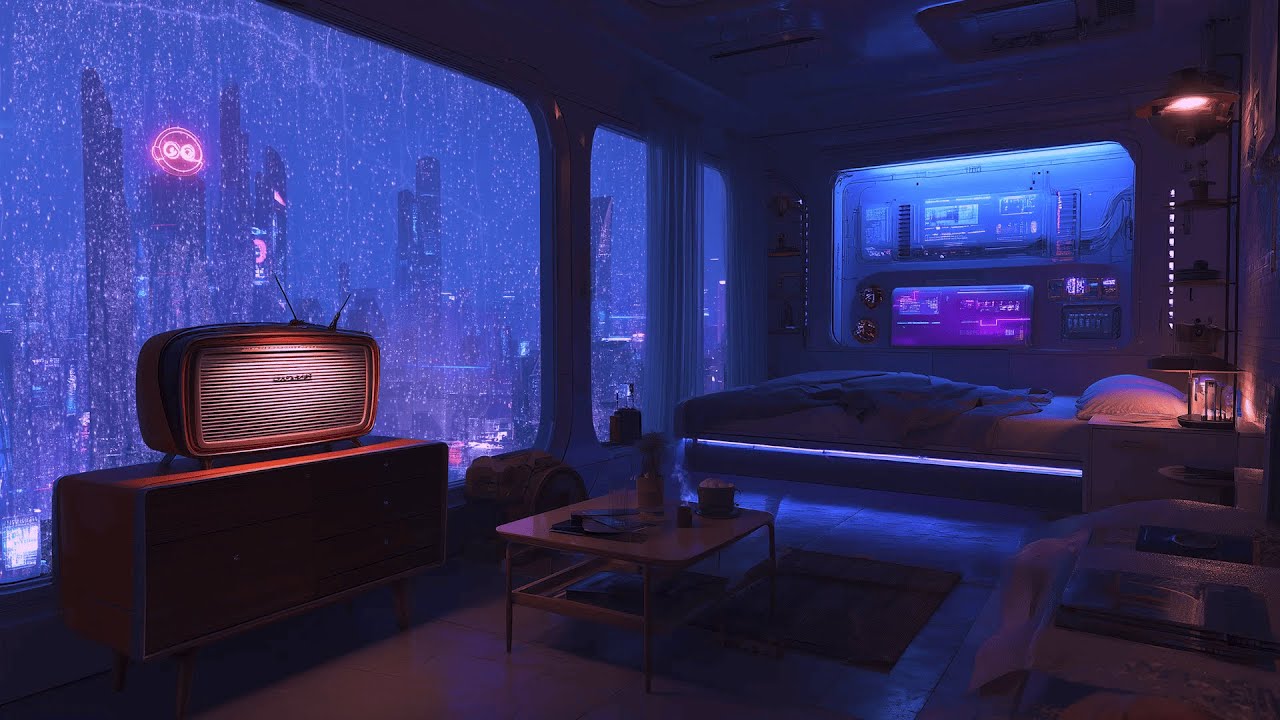 Rain on the Glass, Old Radio Playing 📻 Futuristic Night Room for Calm Study and Focus