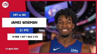 JAMES WISEMAN 21 PTS 18 REB 1 AST 1 BLK 2 STL | vs SAS 14 Apr 23-24 DET Player Highlights