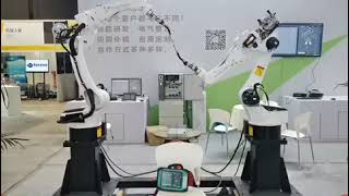 RobotMeta Synchronized 14 axis (6+6+2) Motion Control between 2 welding robots and 1 P2 positioner.