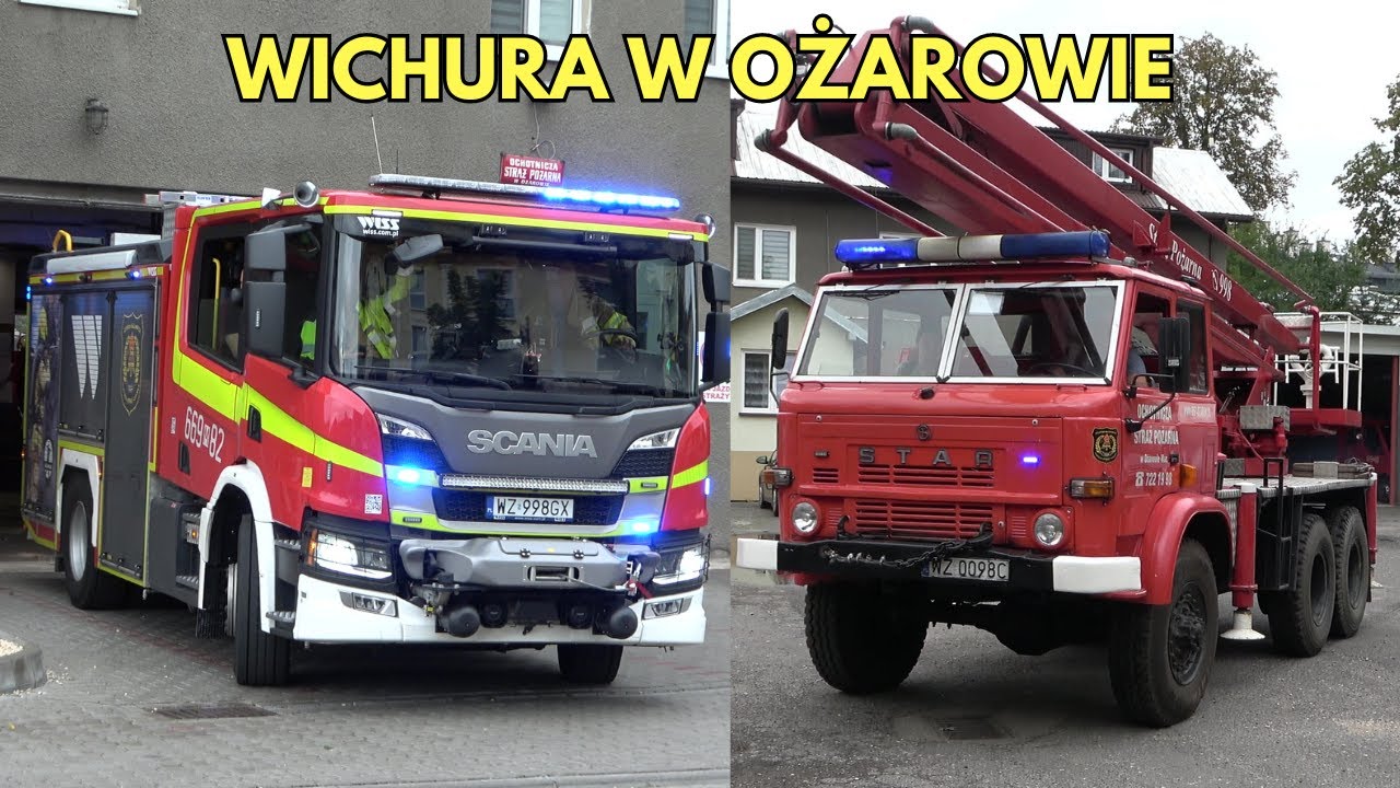 Alarmowanie i wyjazd 3 wozów GBA Scania, Iveco i SH-18 Star 266 z OSP Ożarów Maz. do skutków wichury