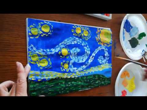 PAINTING TUTORIAL FOR KIDS:how to paint The starry night step by step_ LA  NOTTE STELLATA_ Van Gogh 