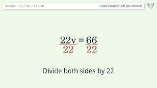 Solve 12v+10v+14=80: Linear Equation Video Solution | Tiger Algebra