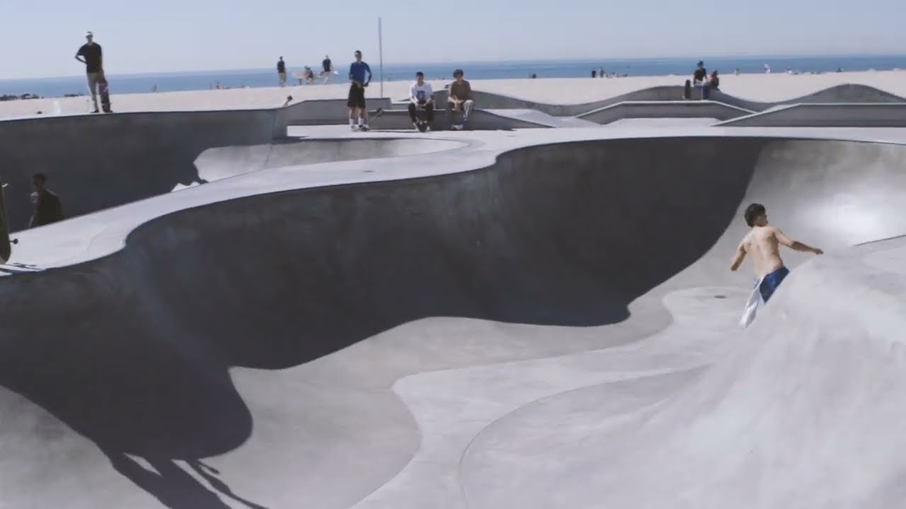 Venice Beach Skatepark snake run skateboarder catching air