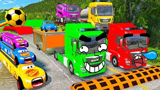 Funny Cars vs Long Cars with Deep Water - LONG CARS vs SPEEDBUMPS - Cars vs Rails and Train - BeamNG