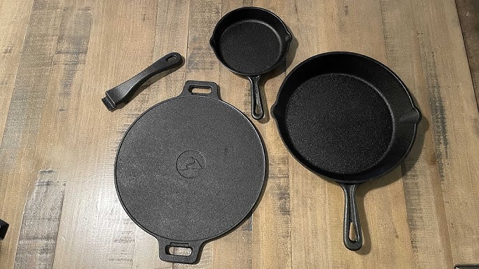 Ozark Trail 4-Piece Cast Iron Skillet Set with Handles and Griddle,  Pre-Seasoned, 6, 10.5, 11