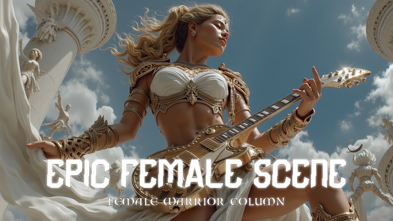 Кинематографическая Иллюстрация: Эпический Рок и Фэнтези Метал Воин на Сцене Битвы с Гитарой.