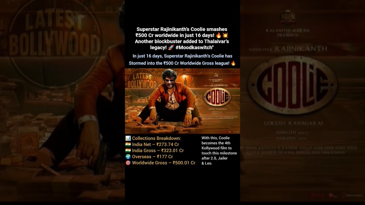 Superstar Rajinikanth’s Coolie smashes ₹500 Cr worldwide in just 16 days! 🔥💥 Another blockbuster