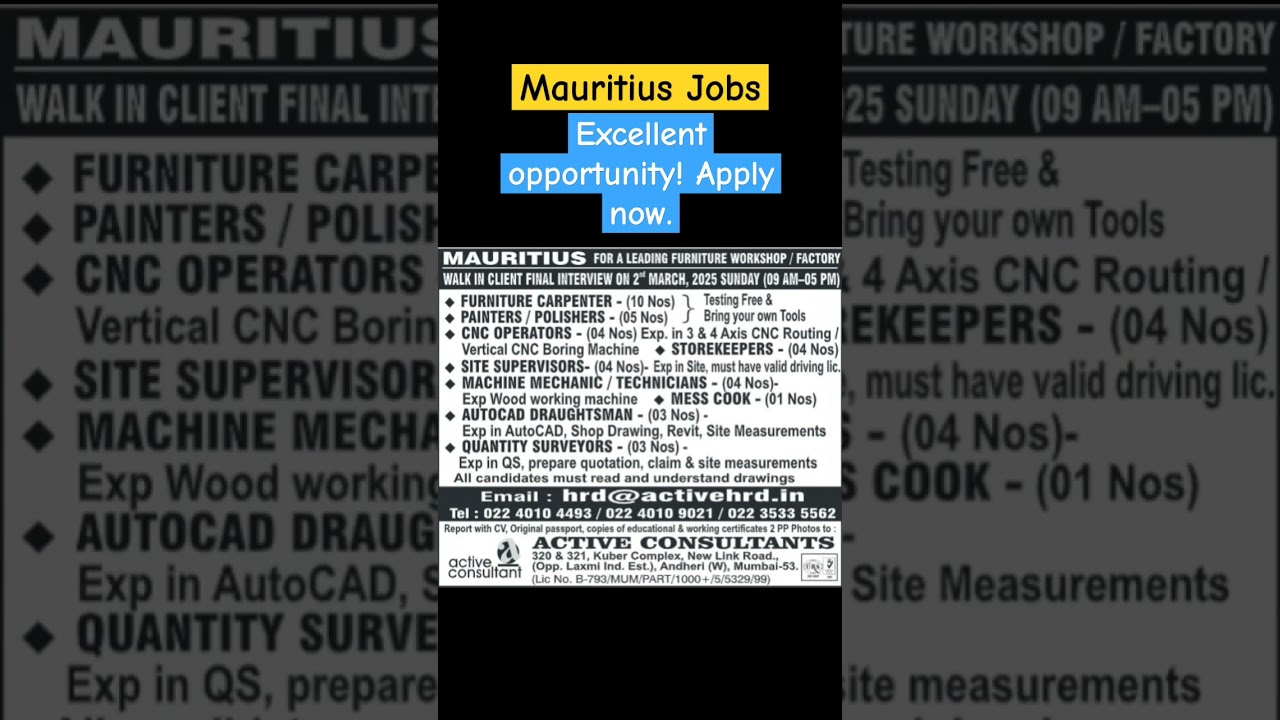 Mauritius jobs, excellent salary & Benefits! Gulf jobs 2025 