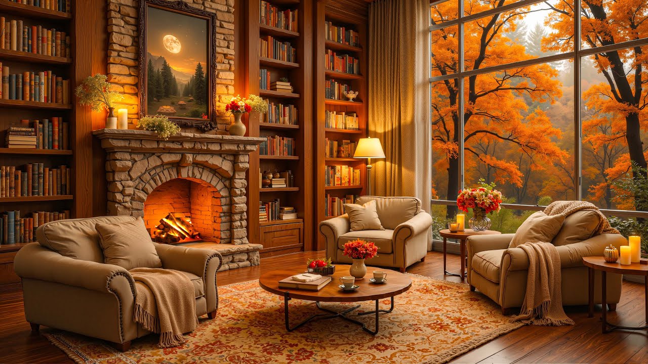 Cozy Autumn Room π Fireplace Crackle with Soft Piano Jazz Music for ...