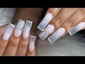 White To Clear Ombré w/ French Line ✨| 3D Flower 🤍 | Milky White Nails