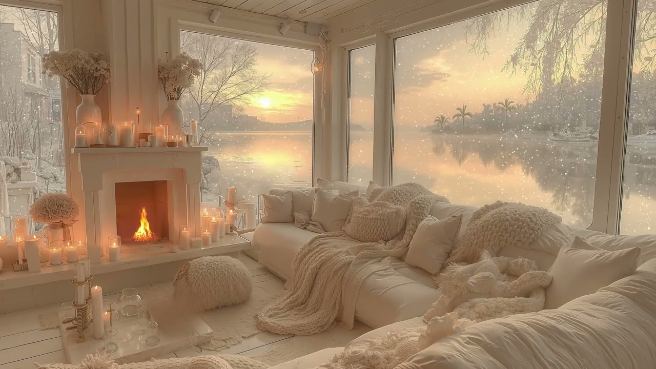 Peaceful Winter Morning By The Lake⛄ Soft Piano, Falling Snow & Warm Fireplace for Deep Focus