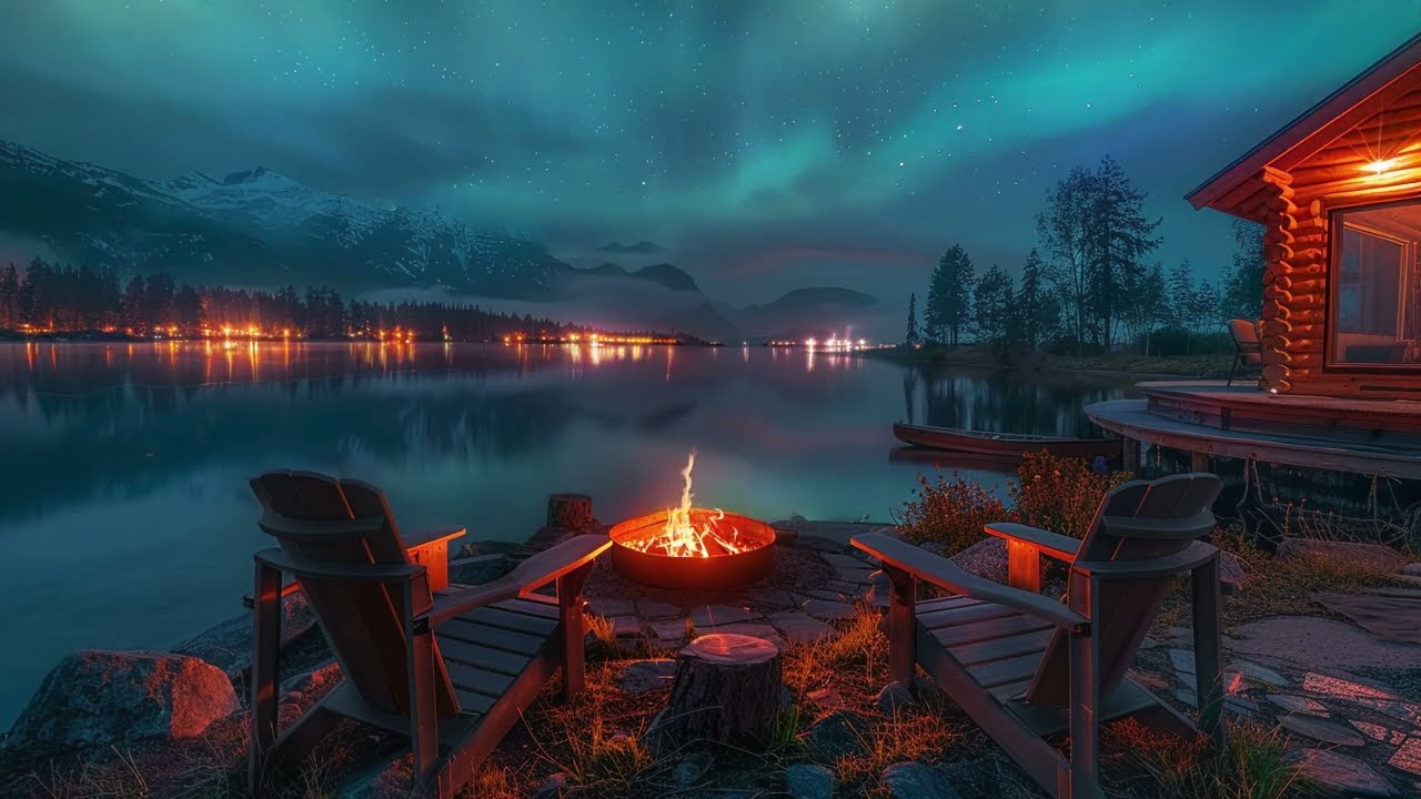 Relaxing Winter Night Outside the Cabin with Campfire - Piano Music, Fire Crackle & Northern Light
