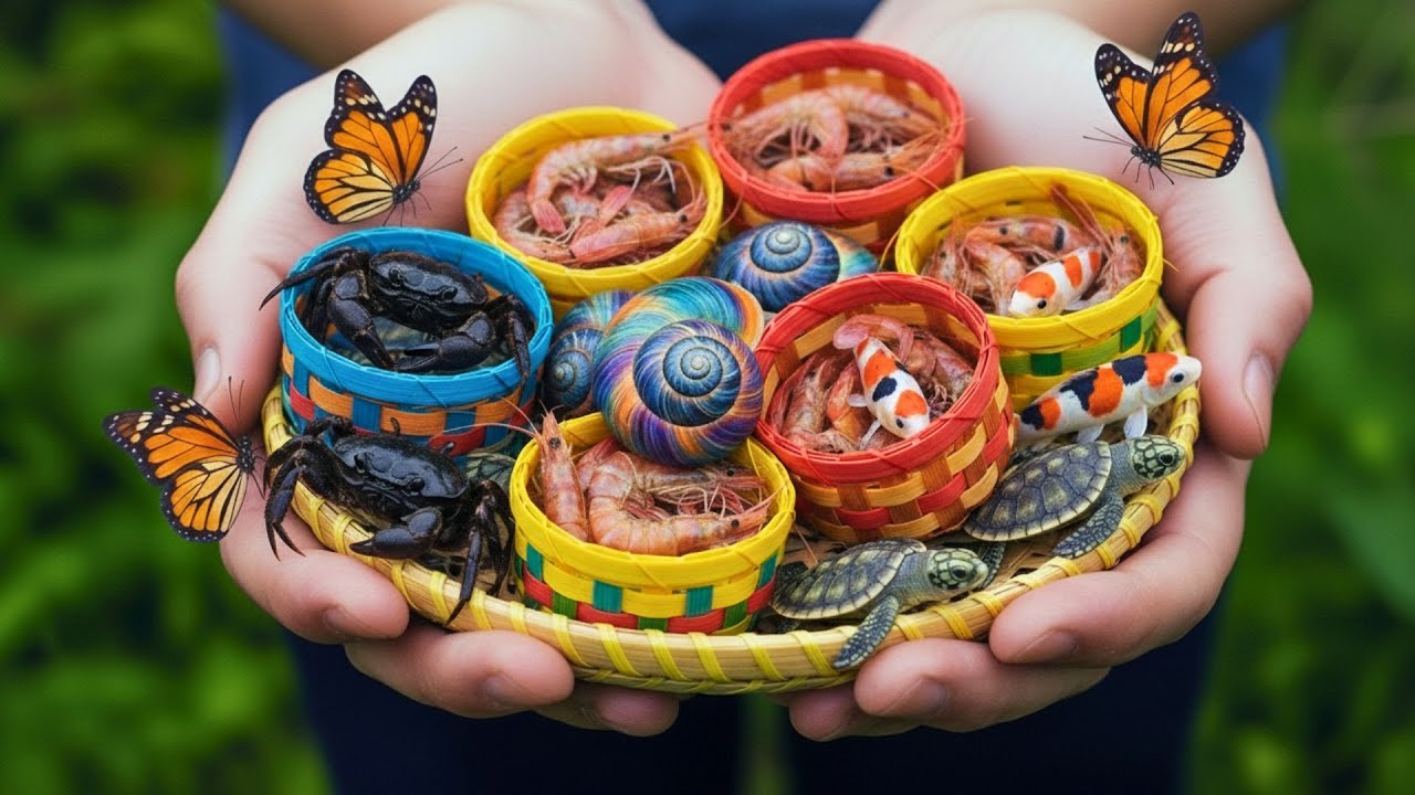 Catching Colorful Countryside Animals | Crabs, Snails, Baby Turtles & Shrimp in Rural Nature