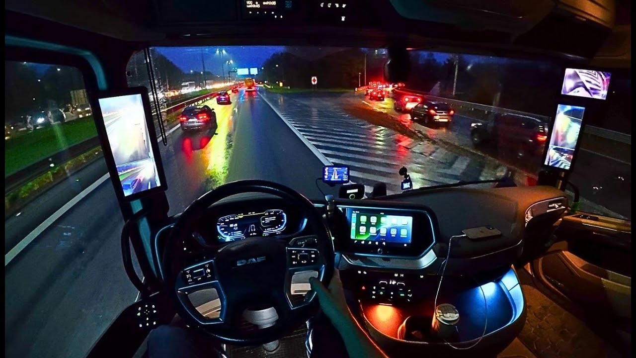 What does a European truck driver do if the road is wet and slippery-He drives and does his job 4K