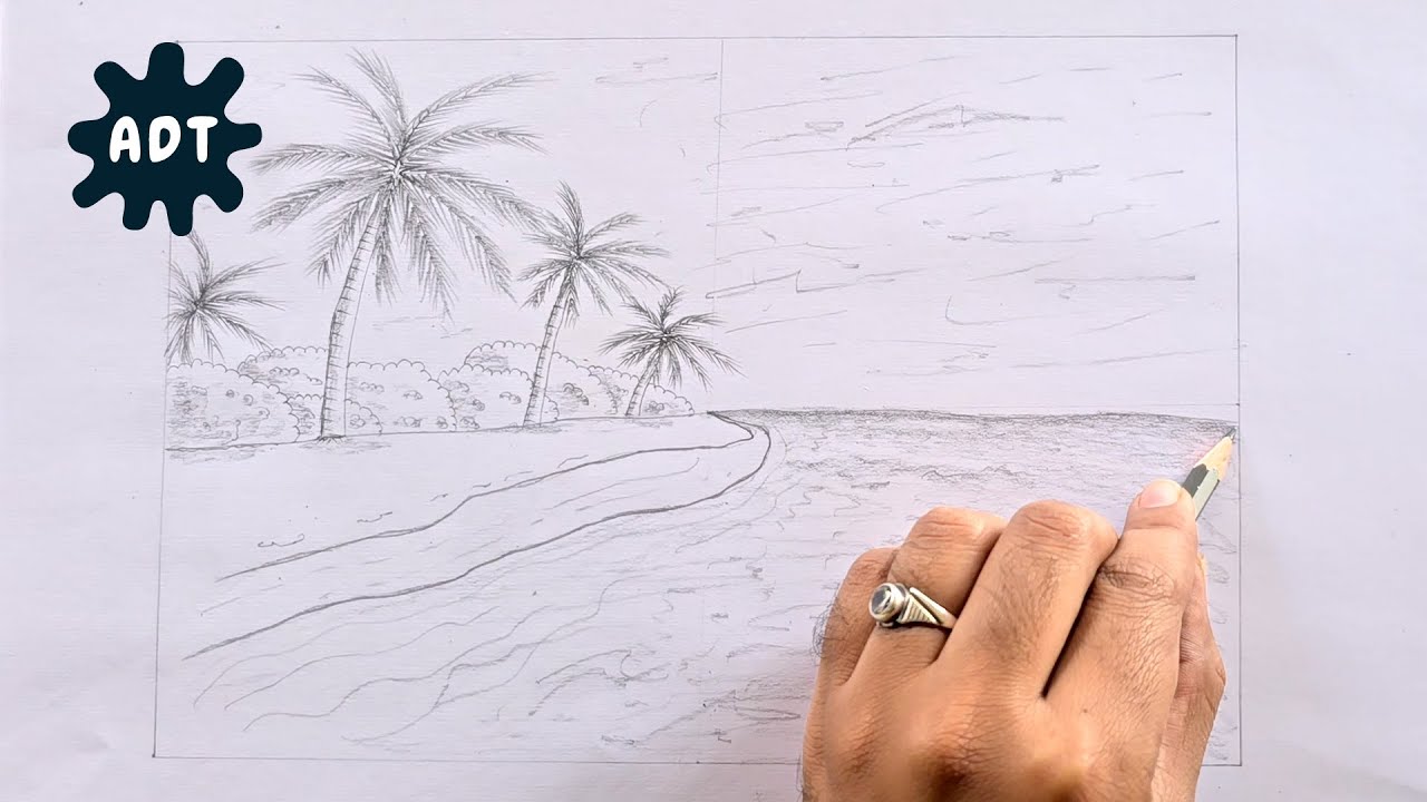 Easy Landscape Tropical Beach Drawing Pencil Sketch Tutorial - YouTube