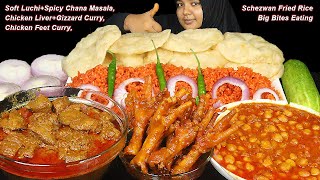 HUGE SOFT LUCHI+CHANA MASALA, CHICKEN LIVER+GIZZARD CURRY, CHICKEN FEET CURRY, SCHEZWAN FRIED RICE