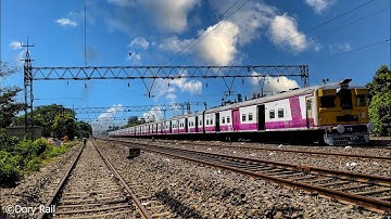 Old-fashioned but beautiful yellow faced EMU local train accelerated high on the track