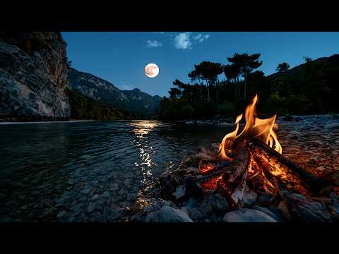 Fell Asleep Beneath the Full Moon 🌕🔥 River Campfire & Night Sounds (4K)