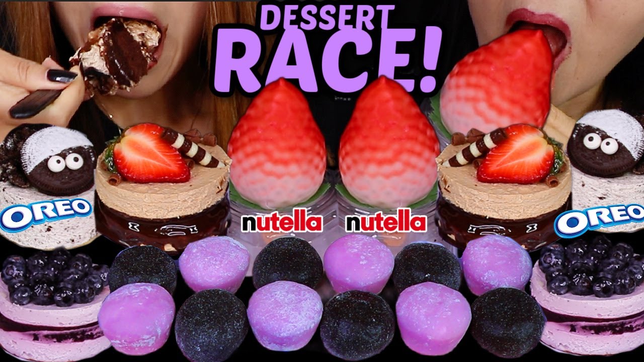 ASMR MINI NUTELLA OREO MOUSSE CAKES RACE! Viral strawberry ice cream & Mochi ice cream 먹방