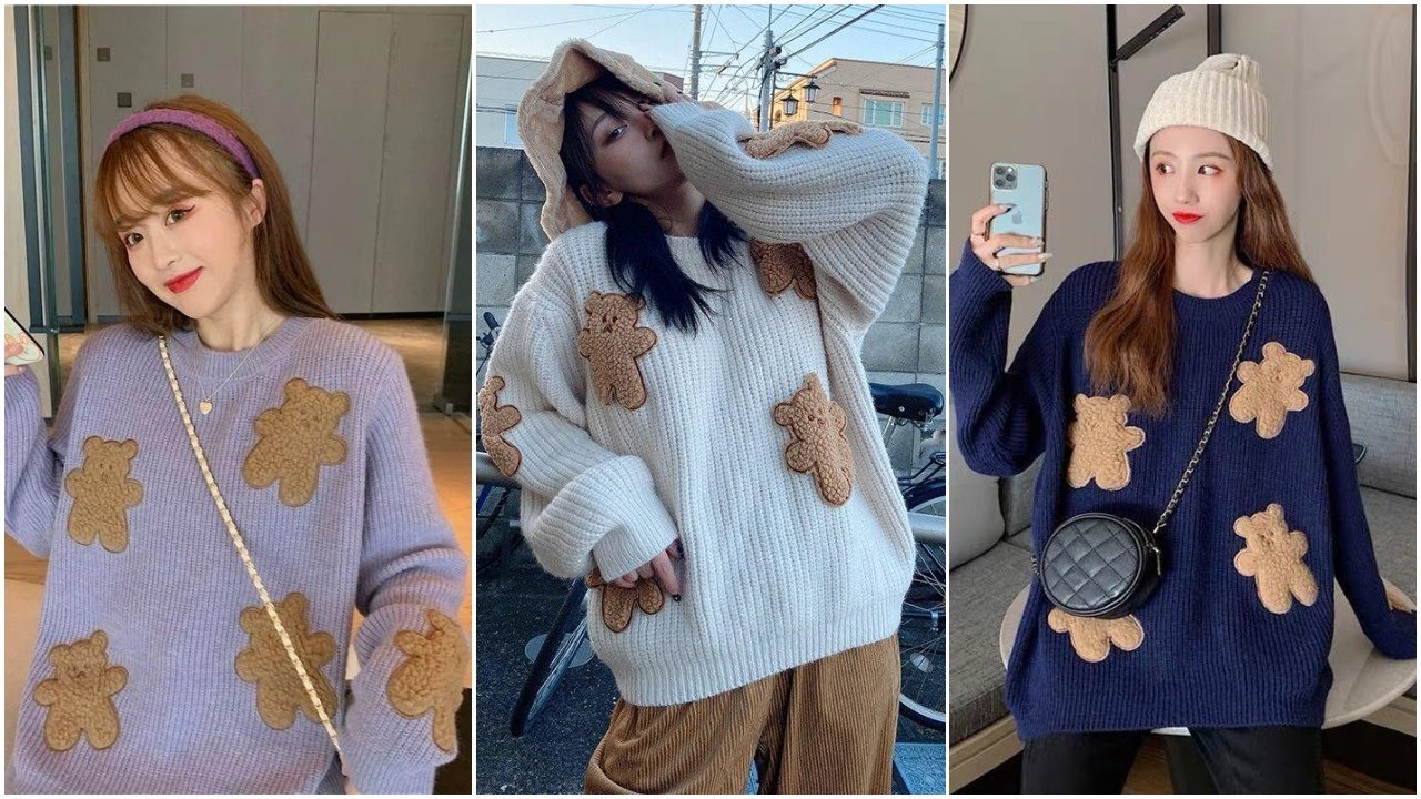 Fluffy Teddy Bear Patchwork Ribbed Knitted Sweater Kawaii Pullover Jumper Korean Cute 