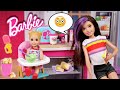 Barbie Doll Babysitting Routine - Making Miniature Food with NEW Barbie Toys