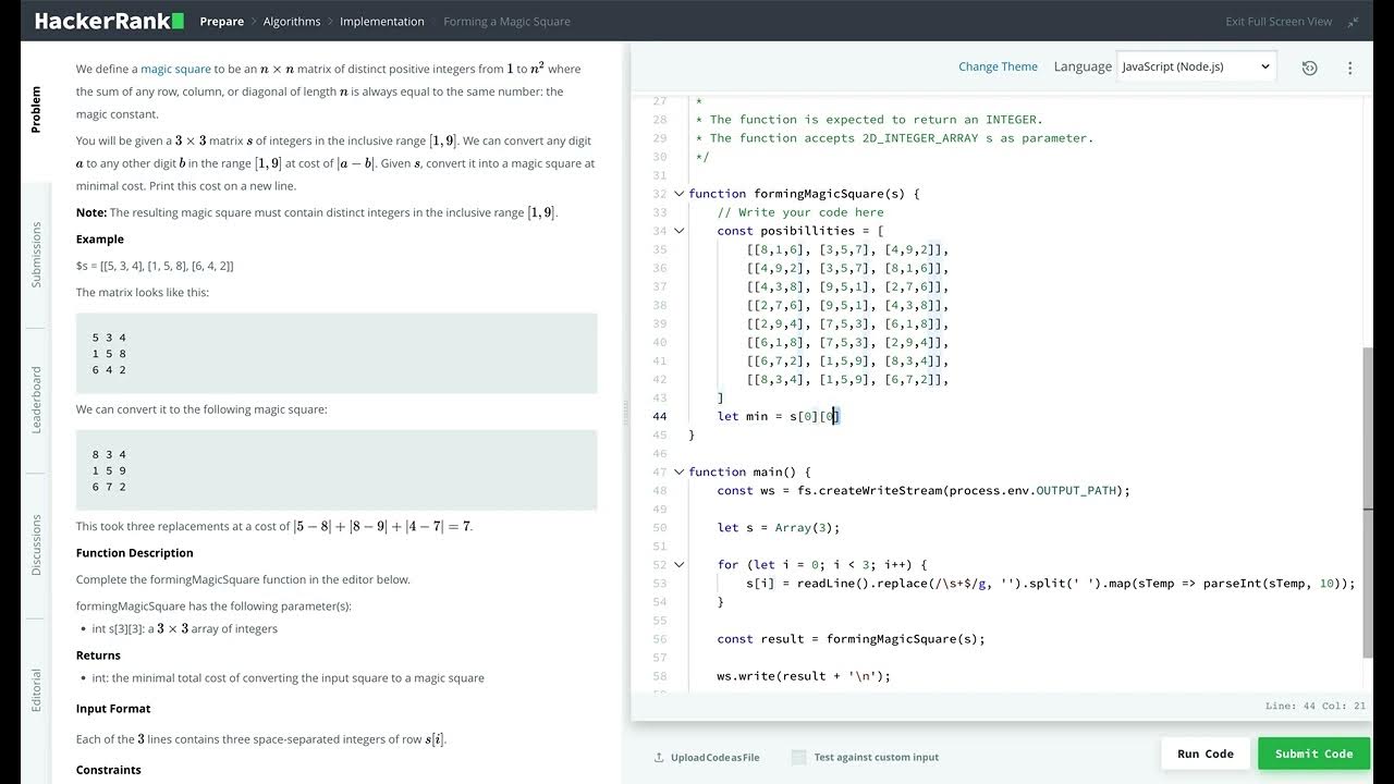 Hackerrank Algorithm Solution - Forming a Magic Square (Javascript ...