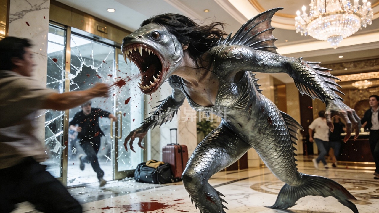 У женщины вырастает чешуя, и она мутирует, превращаясь в чудовищную рыбу.