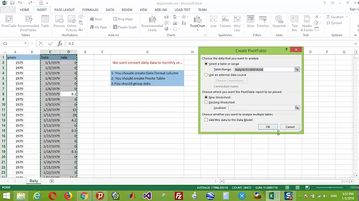 How to convert daily data to monthly in excel