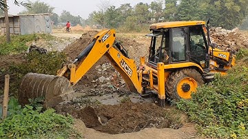 JCB Backhoe Cleaning Drain To Install Culvert Pipe - JCB Working For Road Construction - JCB Video