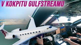 Vzlet a přistání luxusního VIP jetu Gulfstream G650ER Qatar Executive v Doha