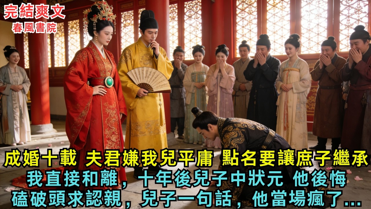 成婚十載，夫君嫌我兒平庸，點名要讓庶子繼承；我直接和離，十年後兒子中狀元，他後悔，磕破頭求認親，兒子一句話，他當場瘋了...#古言#小說#爽文#完結