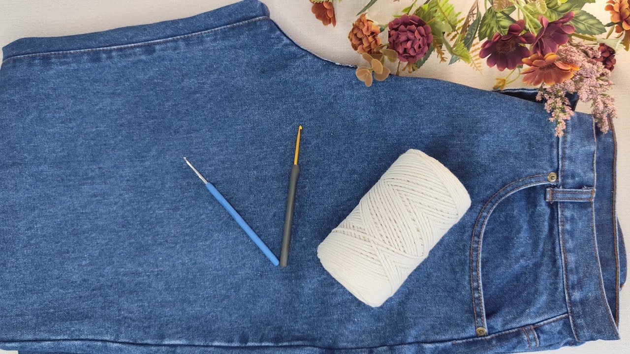 Bag crochet tutorial with old jeans and cotton macrame (subtitled)
