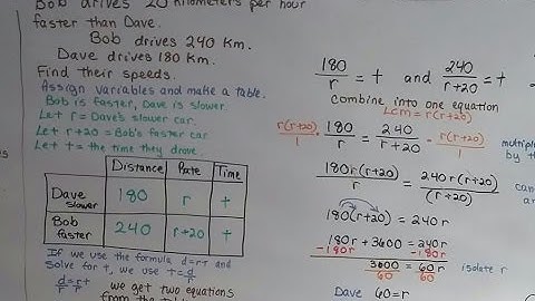 Algebra I #10.7b, Rational Equation word problem, Solve d=rt with Table