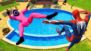 GTA 5 Spiderman vs Squid Game Trampoline Jumping Into Pool with Sharks