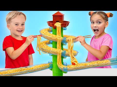 The kids make rainbow somen noodles for Uncle: Adventures and teamwork
