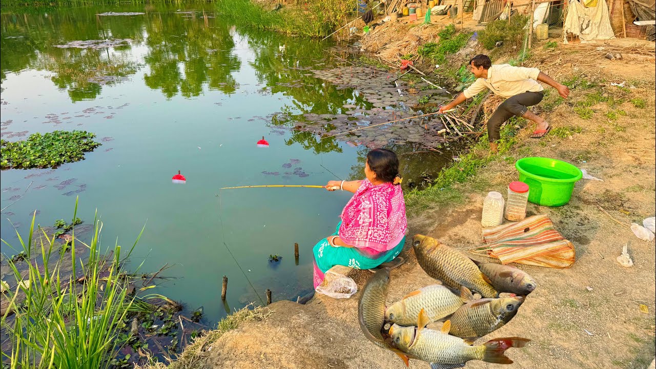 Fishing Video || Grandfather brought the village lady to the pond to teach him fishing techniques