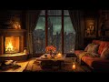 A rainy day in cozy room ambience  piano jazz music crackling fire rain sounds for sleep  focus