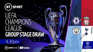 UEFA Champions League 2019/20 group stage draw featuring Liverpool, Spurs, Man City, and Chelsea