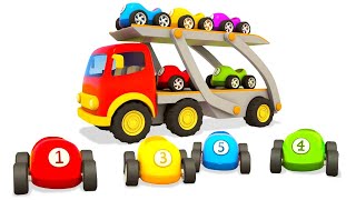 A car transporter for colored racing cars for kids. Helper cars full episodes cartoons for kids.