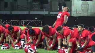 The kahuku red raiders perform a haka after 61-9 win over visiting
konawaena on saturday at carleton weimer field. it was debut for
first-year head coa...